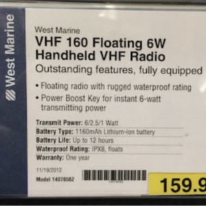 Product label for a VHF floating radio