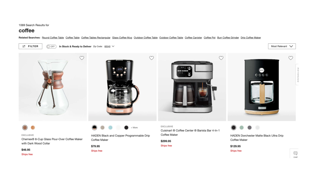 Screenshot of search results for "coffee" on Crate and Barrel's website. The results include 4 coffee makers.