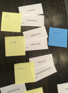 Clusters of notecards and post-it notes on a table. Each note card has the name of a professional athlete. The post-its have handwritten categories.